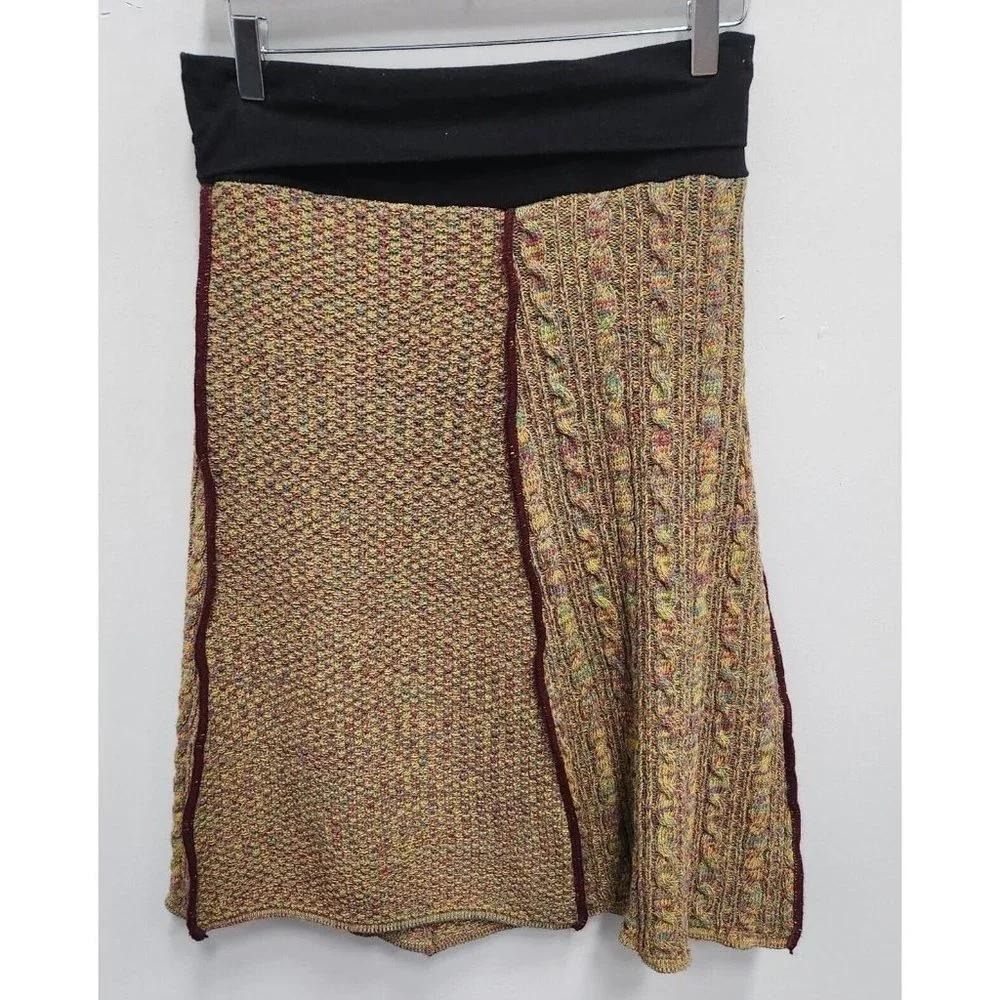 Green 3 Patchwork Knit Skirt Womens Medium Multicolor Recycled Cotton Boho USA
